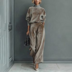 Casual Warm Velour Long-sleeved Solid Color High-neck Zipper Wide-leg Sportswear