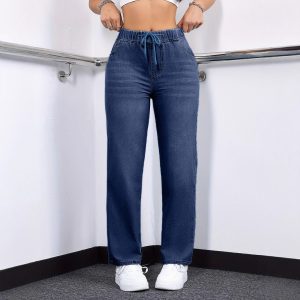 Oversized Jeans Drawstring Elastic Waistband Plain Washed Blue Casual