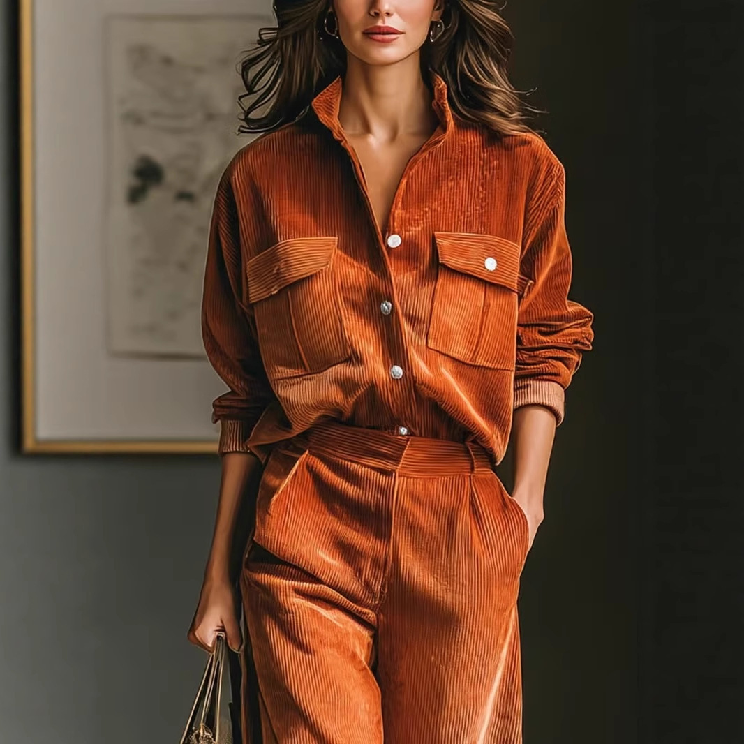 Retro Casual Design Caramel Corduroy Shirt And Wide-leg Pants Set - Image 3