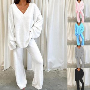 Comfortable Solid Color V-Neck Casual Daily Home Warmer Two-Piece Set