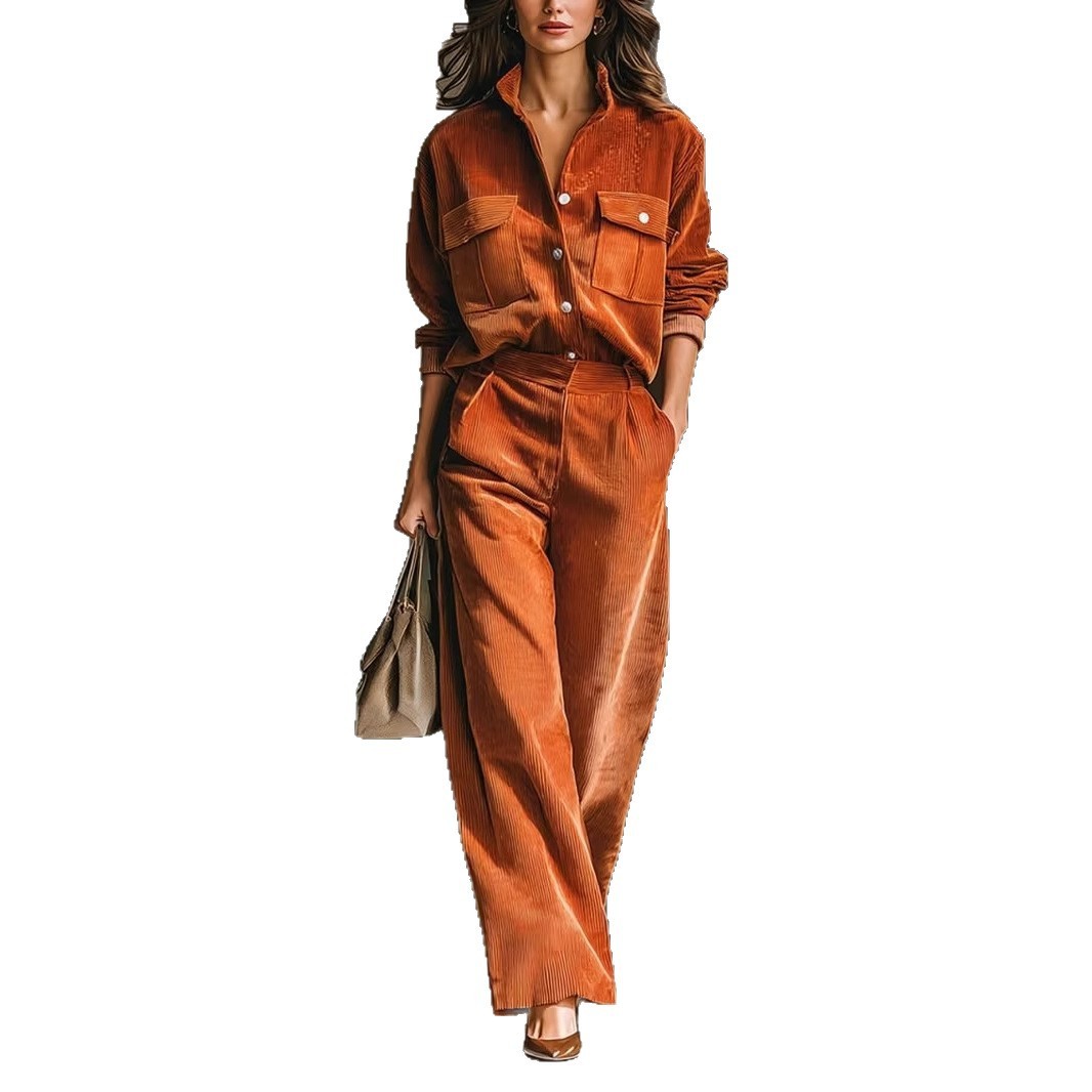 Retro Casual Design Caramel Corduroy Shirt And Wide-leg Pants Set - Image 4