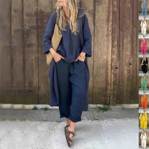 2pcs Long-sleeved Suits Loose V-neck Long Top And High Waist Wide Leg Pants With Pockets Women's Clothing