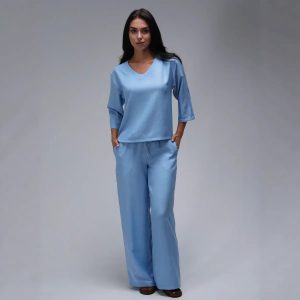 Womens Casual Two-Piece Set Fashionable Solid-Color Loose Cropped-Sleeve Wide-Leg Pants Suit