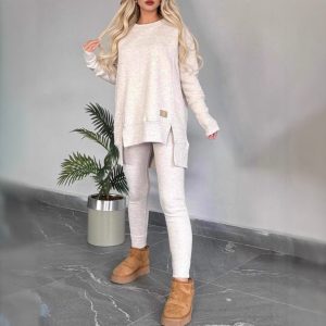 Women's Slit Long Sleeve Top And Trousers Suit