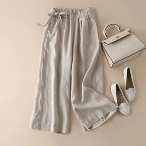 High Waist Side Lace-up Retro Art Elastic-waist Casual Pants For Women