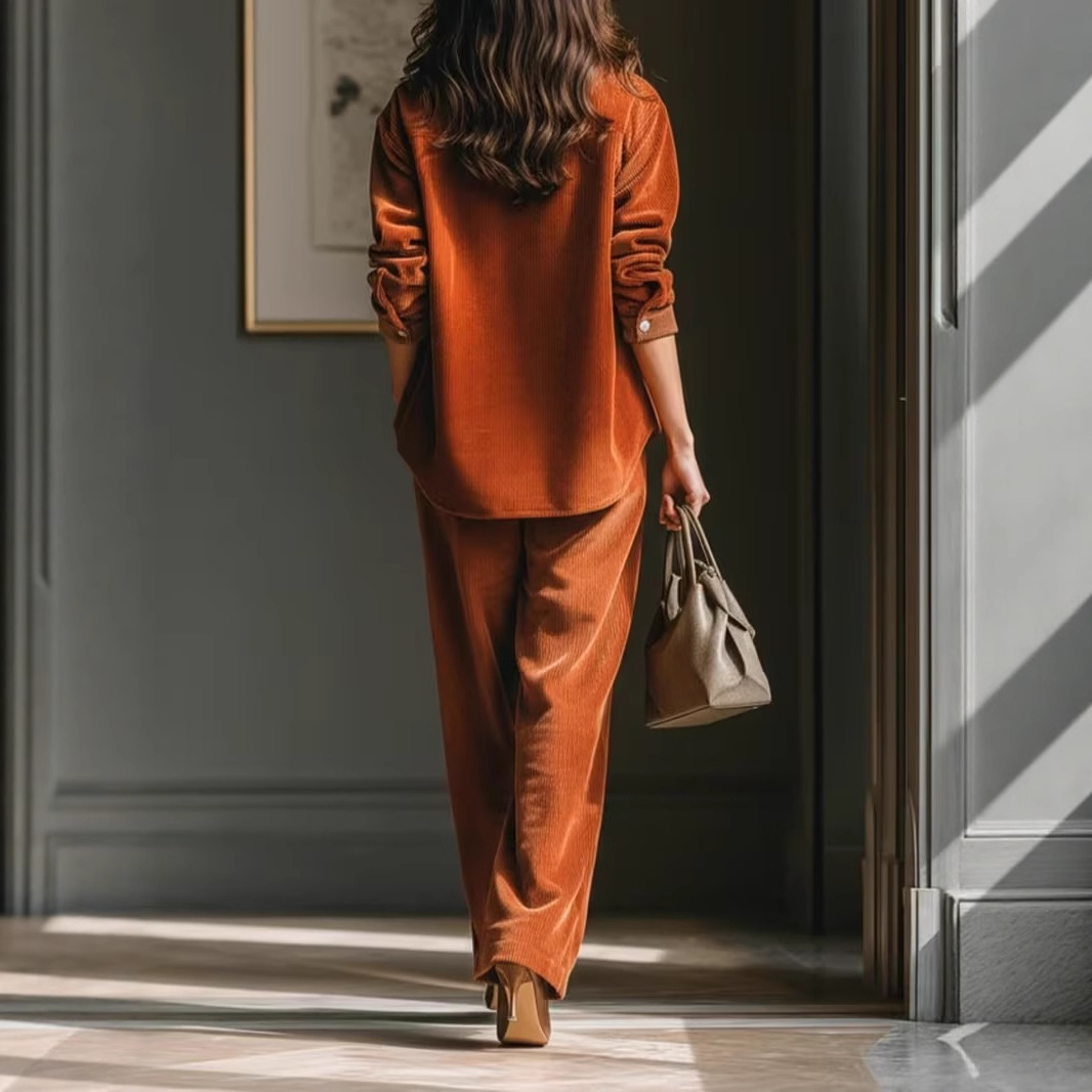 Retro Casual Design Caramel Corduroy Shirt And Wide-leg Pants Set - Image 2