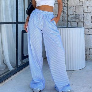 Fashion Y2K Striped Straight Trousers Summer Elastic High Waist Wide Leg Pants For Women