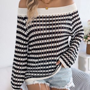 Women S Stripe Hollow Out Loose Knit Off-Shoulder Vacation Top