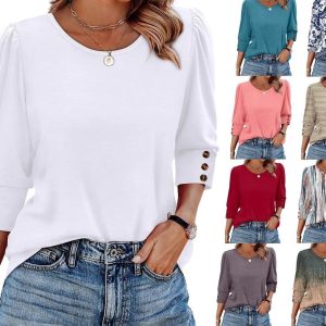 Women's Printed Elegant 34 Sleeves Round Neck T-shirt With Buttons