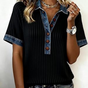 Women's Lapel Collar Short-Sleeve Top European And American Style  Fashionable Denim