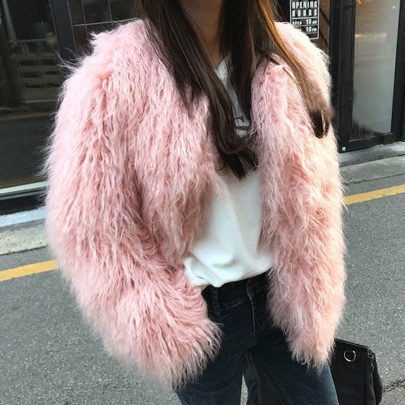 Women's Solid Color Short Faux Shearling Fur Coat - Image 4