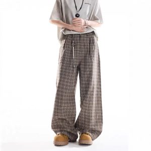 Brown Plaid Casual Wide-Leg Pants Womens