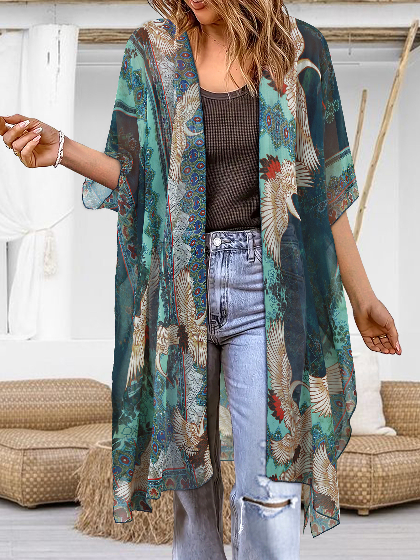 Women's Aztec-print Batwing Cardigan Cloak - Image 6