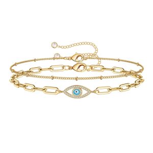 Dainty Gold Bracelets For Women, 14K Gold Filled Adjustable Layered Bracelet Cute Oval Chain  Bar Gold Bracelets For Women Jewelry