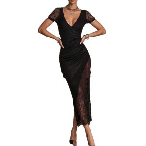 Lace Sheer Deep V-Neck Sexy Slim-Fit Long Dress